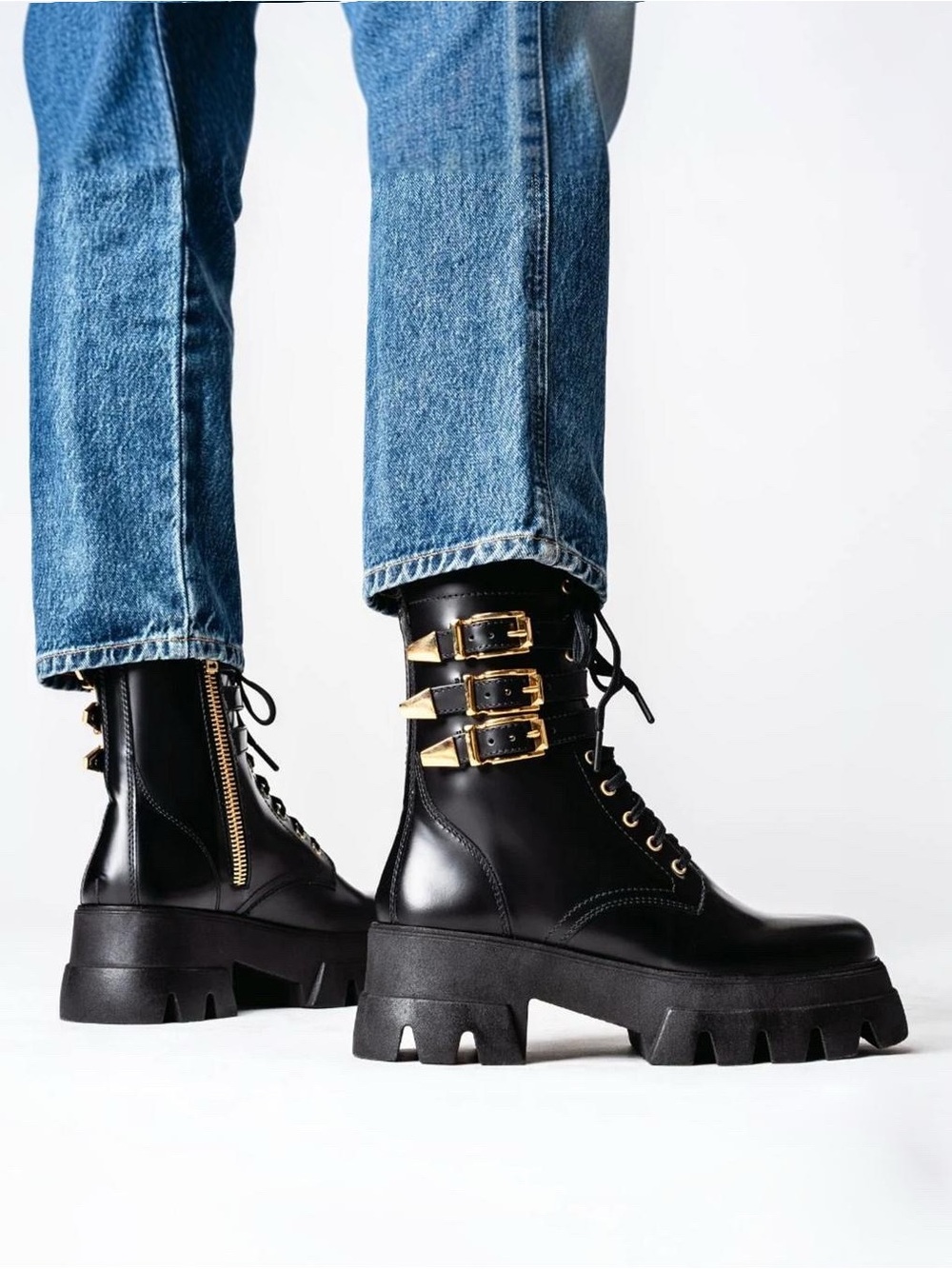 100% REAL LEATHER DYNASTY BUCKLE Black Leather Combat Boots Gold PLATFORM STUART